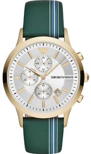 Emporio Armani Renato Chronograph Silver Dial Green Leather Strap Watch For Men - AR11233 Authentic Buy Shop Now