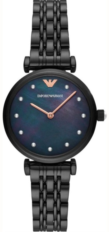 Emporio Armani Gianni T-Bar Quartz Black Mother of Pearl Dial Black Steel Strap Watch For Women - AR11268 Authentic Buy Shop Now
