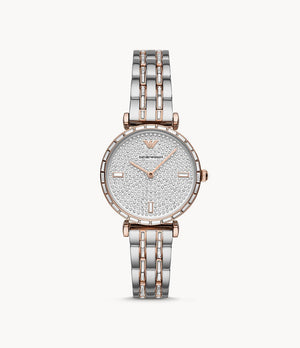 Emporio Armani Gianni T-Bar Silver Dial Two Tone Steel Strap Watch For Women - AR11293 Authentic Buy Shop Now