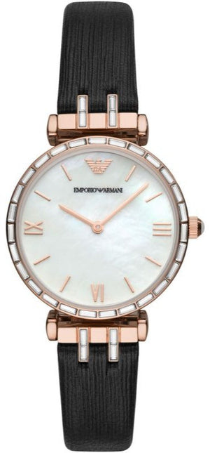 Emporio Armani Gianni T-Bar Mother of Pearl Dial Black Leather Strap Watch For Women - AR11295 Authentic Buy Shop Now