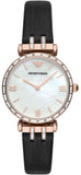 Emporio Armani Gianni T-Bar Mother of Pearl Dial Black Leather Strap Watch For Women - AR11295 Authentic Buy Shop Now
