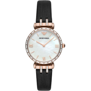 Emporio Armani Gianni T-Bar Mother of Pearl Dial Black Leather Strap Watch For Women - AR11295 Authentic Buy Shop Now