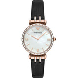 Emporio Armani Gianni T-Bar Mother of Pearl Dial Black Leather Strap Watch For Women - AR11295 Authentic Buy Shop Now