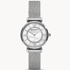 Emporio Armani Gianni T-Bar Quartz Mother of Pearl Dial Silver Mesh Bracelet Watch For Women - AR11319 Authentic Buy Shop Now