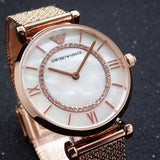 Emporio Armani Gianni T Bar Mother of Pearl Dial Rose Gold Mesh Bracelet Watch For Women - AR11320 Authentic Buy Shop Now