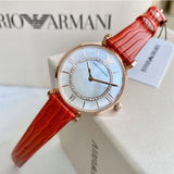 Emporio Armani Gianni T-Bar Analog Mother of Pearl Dial Red Leather Strap Watch For Women - AR11322 Authentic Buy Shop Now