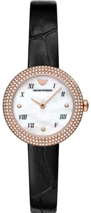 Emporio Armani Rosa Quartz Mother Of Pearl White Dial Black Leather Strap Watch For Women - AR11356 Authentic Buy Shop Now