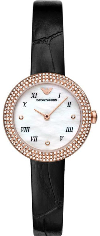 Emporio Armani Rosa Quartz Mother Of Pearl White Dial Black Leather Strap Watch For Women - AR11356 Authentic Buy Shop Now