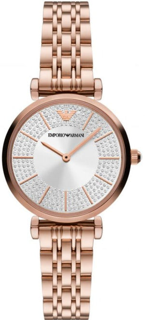 Emporio Armani Gianni T-Bar Crystals Silver Dial Rose Gold Steel Strap Watch For Women - AR11446 Authentic Buy Shop Now