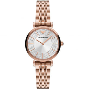 Emporio Armani Gianni T-Bar Crystals Silver Dial Rose Gold Steel Strap Watch For Women - AR11446 Authentic Buy Shop Now
