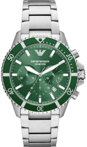 Emporio Armani Diver Chronograph Green Dial Silver Steel Strap Watch For Men - AR11500 Authentic Buy Shop Now