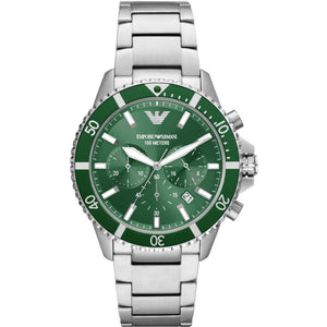 Emporio Armani Diver Chronograph Green Dial Silver Steel Strap Watch For Men - AR11500 Authentic Buy Shop Now