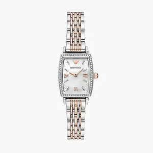 Emporio Armani Gianni T Bar White Mother Of Pearl Dial Two Tone Steel Strap Watch For Women - AR11519 Authentic Buy Shop Now