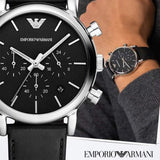 Emporio Armani Classic Chronograph Black Dial Black Leather Strap Watch For Men - AR1733 Authentic Buy Shop Now