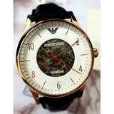 Emporio Armani Meccanico White Skeleton Dial Black Leather Strap Watch For Men - AR1924 Authentic Buy Shop Now