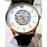 Emporio Armani Meccanico White Skeleton Dial Black Leather Strap Watch For Men - AR1924 Authentic Buy Shop Now