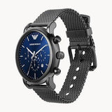 Emporio Armani Chronograph Blue Dial Gun Metallic Mesh Bracelet Watch For Men - AR1979 Authentic Buy Shop Now