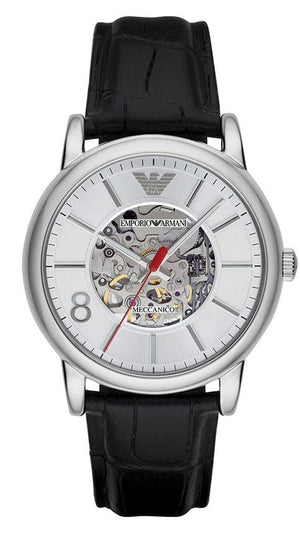 Emporio Armani Meccanico Silver Skeleton Dial Black Leather Watch For Men - AR1997 Authentic Buy Shop Now