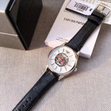 Emporio Armani Meccanico Silver Skeleton Dial Black Leather Strap Watch For Men - AR2072 Authentic Buy Shop Now