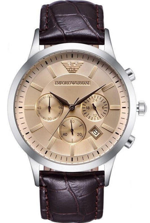 Emporio Armani Classic Chronograph Beige Dial Brown Leather Strap Watch For Men - AR2433 Authentic Buy Shop Now