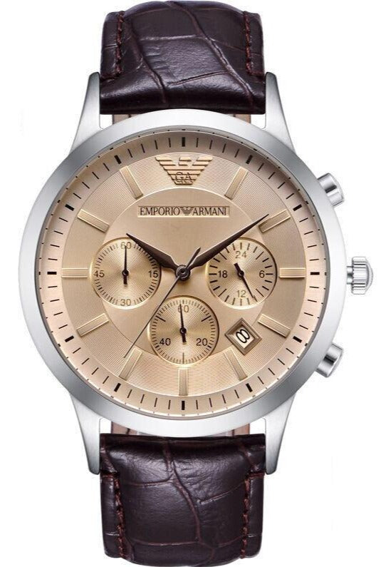 Emporio Armani Classic Chronograph Beige Dial Brown Leather Strap Watch For Men - AR2433 Authentic Buy Shop Now