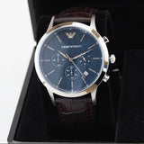 Emporio Armani Renato Chronograph Blue Dial Black Leather Strap Watch for Men - AR2494 Authentic Buy Shop Now