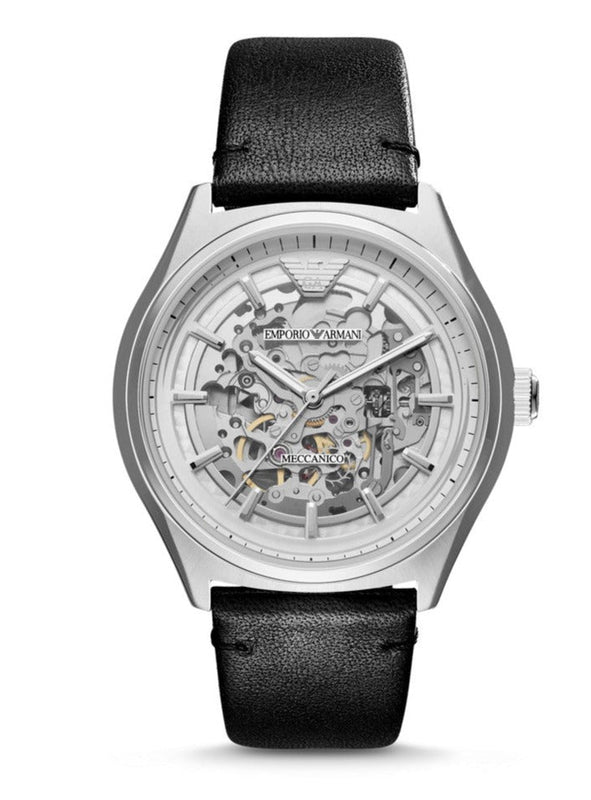 Emporio Armani Meccanico White Skeleton Dial Black Leather Strap Watch For Men - AR60003 Authentic Buy Shop Now