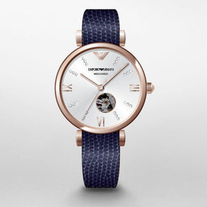 Emporio Armani Gianni T-Bar Analog Silver Dial Blue Leather Strap Watch For Women - AR60020 Authentic Buy Shop Now