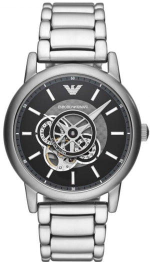 Emporio Armani Meccanico Automatic Skeleton Black Dial Silver Steel Strap Watch For Men - AR60021 Authentic Buy Shop Now