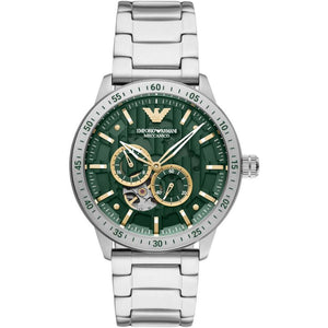 Emporio Armani Meccanico Chronograph Automatic Green Dial Silver Steel Strap Watch For Men - AR60053 Authentic Buy Shop Now