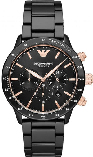 Emporio Armani Mario Ceramic Chronograph Black Dial Black Steel Strap Watch For Men - AR70002 Authentic Buy Shop Now