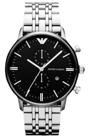 Emporio Armani Gianni Chronograph Black Dial Silver Steel Strap Watch For Men - AR80009 Authentic Buy Shop Now