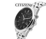 Citizen Eco Drive Chronograph Black Dial Silver Steel Strap Watch For Men - AT2140-55E Authentic Buy Shop Now