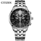 Citizen Eco Drive Chronograph Black Dial Silver Steel Strap Watch For Men - AT2140-55E Authentic Buy Shop Now