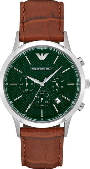Emporio Armani Renato Chronograph Green Dial Brown Leather Strap Watch For Men - AR2493 Authentic Buy Shop Now