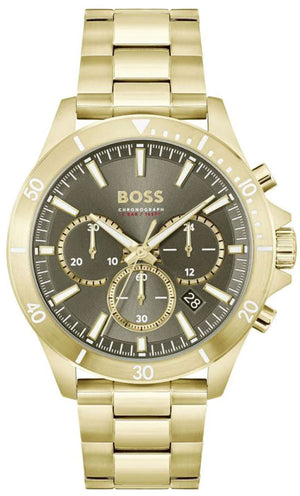 Hugo Boss Troper Chronograph Green Dial Gold Steel Strap Watch For Men - 1514059 Authentic Buy Shop Now