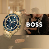 Hugo Boss Energy Chronograph Blue Dial Gold Steel Strap Watch For Men - 1513973 Authentic Buy Shop Now