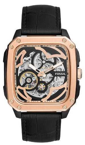 Fossil Inscription Automatic Skeleton Rose Gold Dial Black Leather Strap Watch for Men - BQ2572 Authentic Buy Shop Now