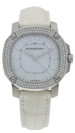 Burberry The Britain Diamonds Mother of Pearl Dial White Leather Strap Watch for Women - BBY1800 Authentic Buy Shop Now