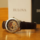 Bulova Classic Skeleton Automatic Brown Dial Brown Leather Strap Watch for Men - 96A120 Authentic Buy Shop Now