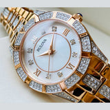 Bulova Crystal Mother of Pearl Dial Rose Gold Steel Strap Watch for Women - 98L197 Authentic Buy Shop Now