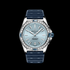 Breitling Super Chronomat Automatic 38 Diamonds Blue Dial Blue Rubber Strap Watch for Women - A17356531C1S1 Authentic Buy Shop Now