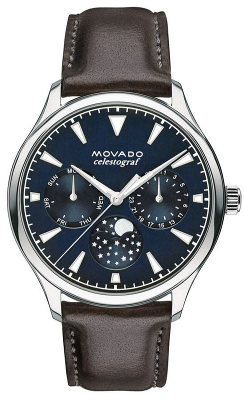Movado Heritage Moonphase Blue Dial Brown Leather Strap Watch For Women - 3650009 Authentic Buy Shop Now