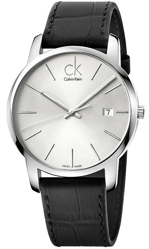 Calvin Klein City Date Silver Dial Black Leather Strap Watch for Men - K2G2G1C6 Authentic Buy Shop Now
