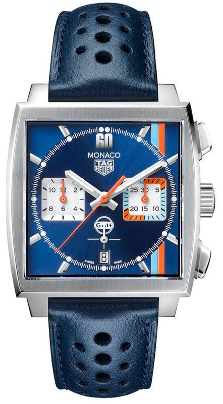Tag Heuer Monaco Gulf Automatic Chronograph Blue Dial Blue Leather Strap Watch for Men - CBL2115.FC6494 Authentic Buy Shop Now