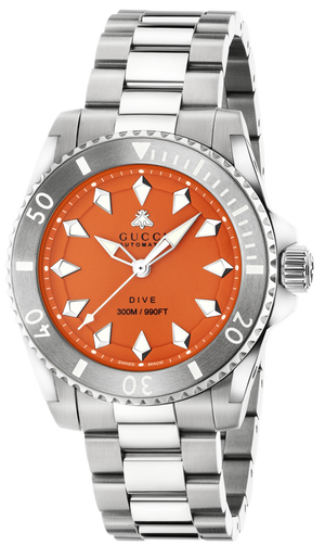 Gucci Dive Automatic Orange Dial Silver Steel Strap Watch for Men - YA136355 Authentic Buy Shop Now