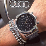 Emporio Armani Classic Chronograph Black Dial Silver Mesh Bracelet Watch For Men - AR1808 Authentic Buy Shop Now