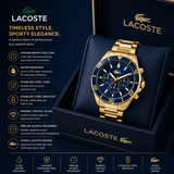 Lacoste Tiebreaker Chronograph Blue Dial Gold Steel Strap Watch for Men - 2011151 Authentic Buy Shop Now