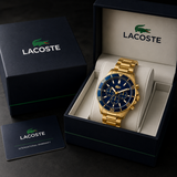Lacoste Tiebreaker Chronograph Blue Dial Gold Steel Strap Watch for Men - 2011151 Authentic Buy Shop Now