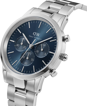 Daniel Wellington Iconic Chronograph Link Blue Dial Silver Steel Strap Watch For Men - DW00100644 Authentic Buy Shop Now